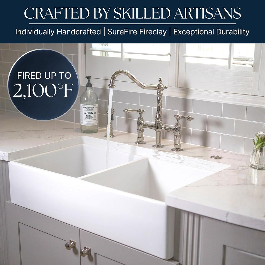 Turner 33 in White Fireclay Farmhouse Sink, Double Bowl | SureFire chip-resistant glaze, apron front undermount