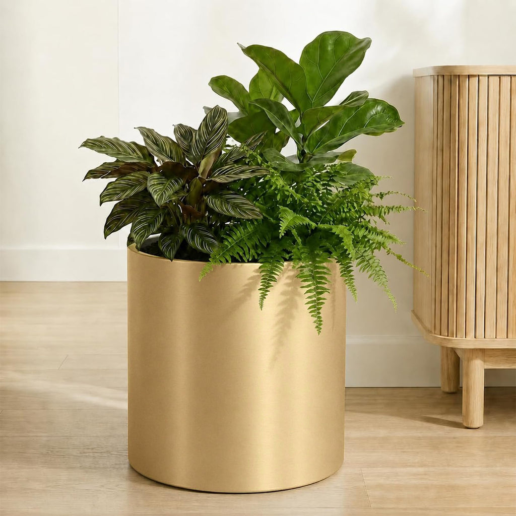 10 Inch Gold Metal Plant Pot with Drainage Hole, Indoor Outdoor