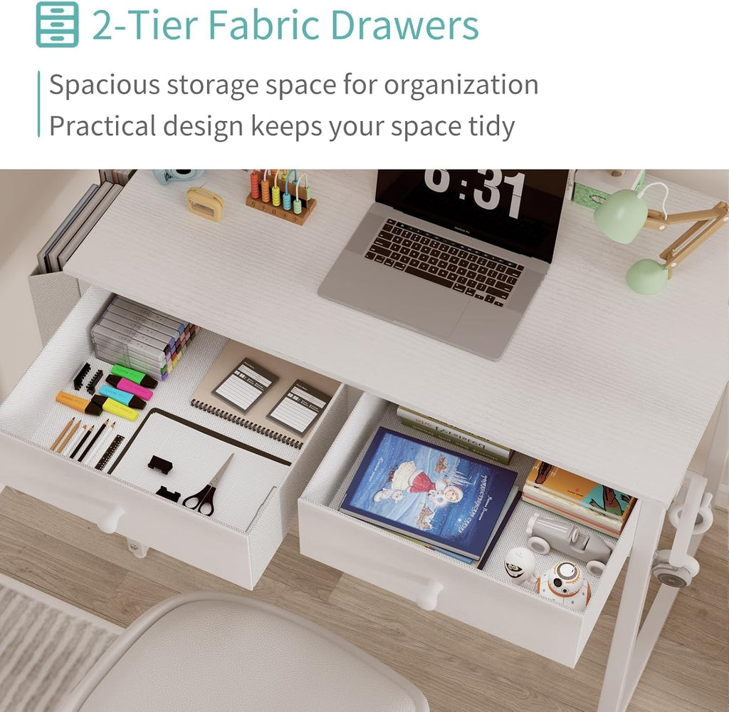 Small White Kids Desk with Drawers, 32 Inch Home Office Desks with Fabric Storage Drawer and Bag, Study Writing