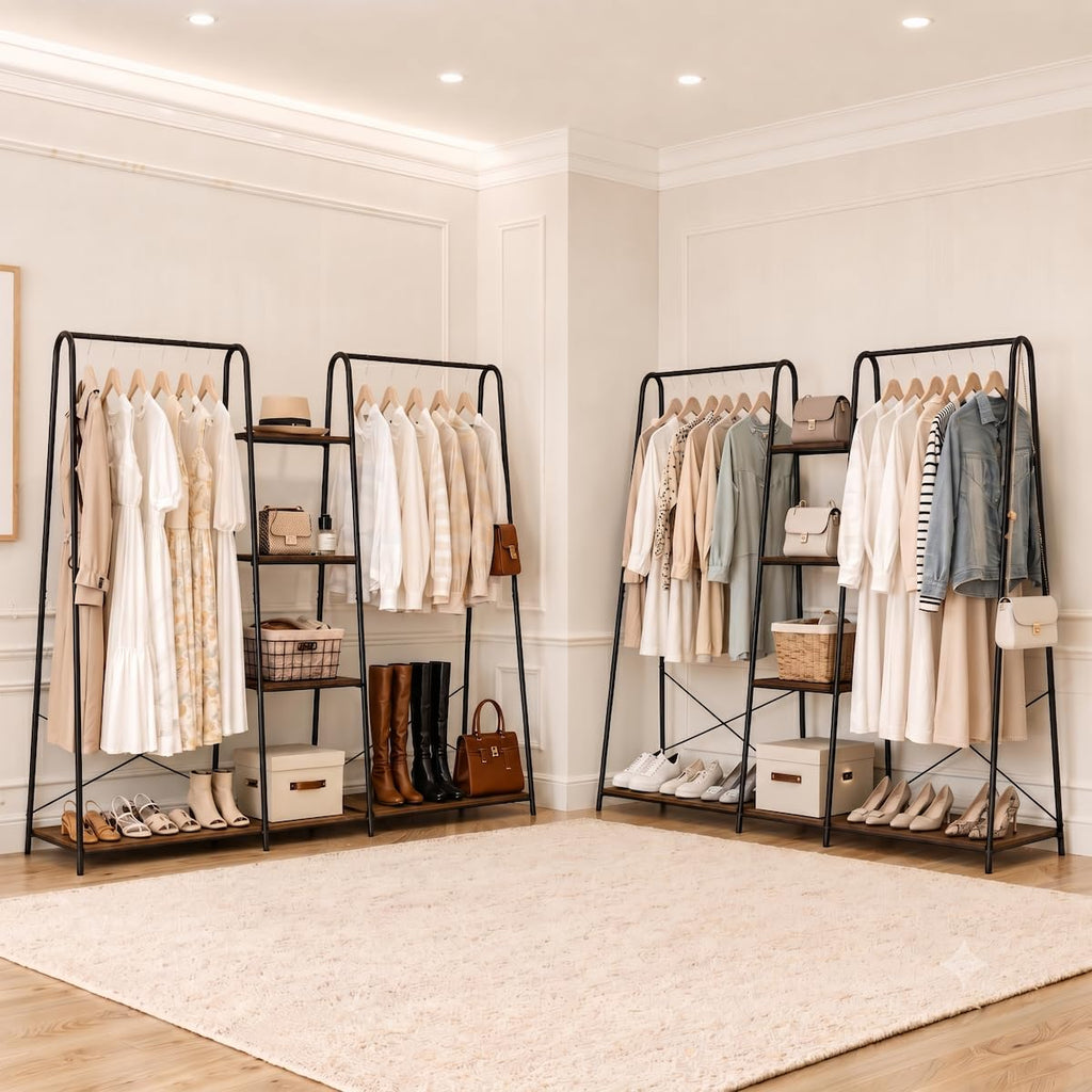 Clothes Rack for Hanging Clothes Freestanding Clothing Rack with 6 Wood Storage Shelves & 2 Rods Heavy Duty Garment