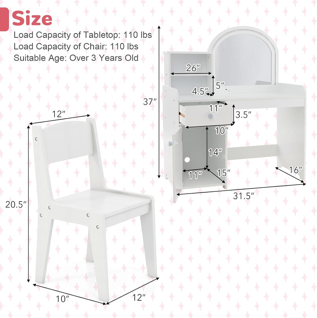 Kids Vanity Table and Chair Set with LED Lighted Mirror (White)