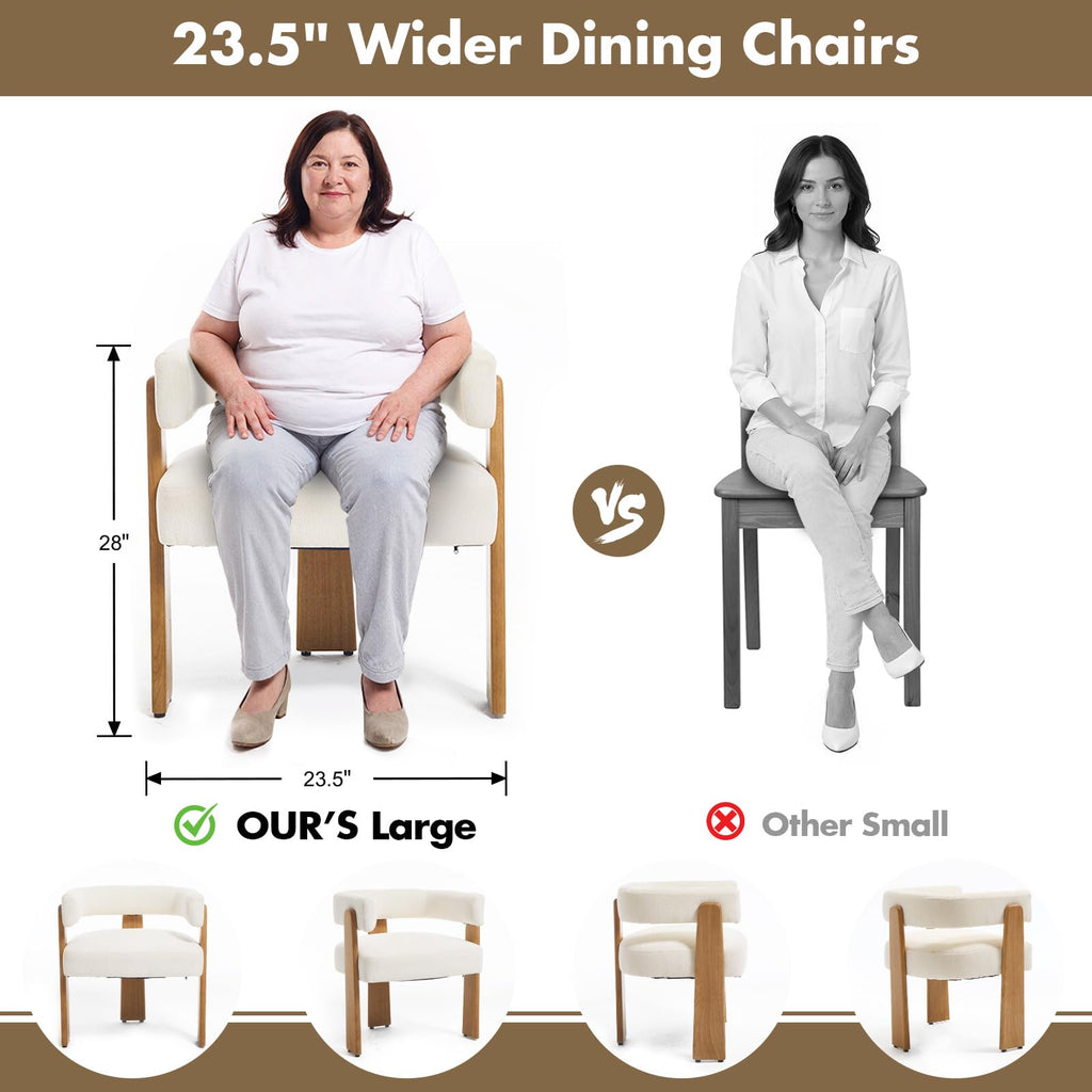 Set of 2 Modern Boho Barrel Dining Chairs with Wood Legs, White Upholstered Accent Armchairs with Thick Padded