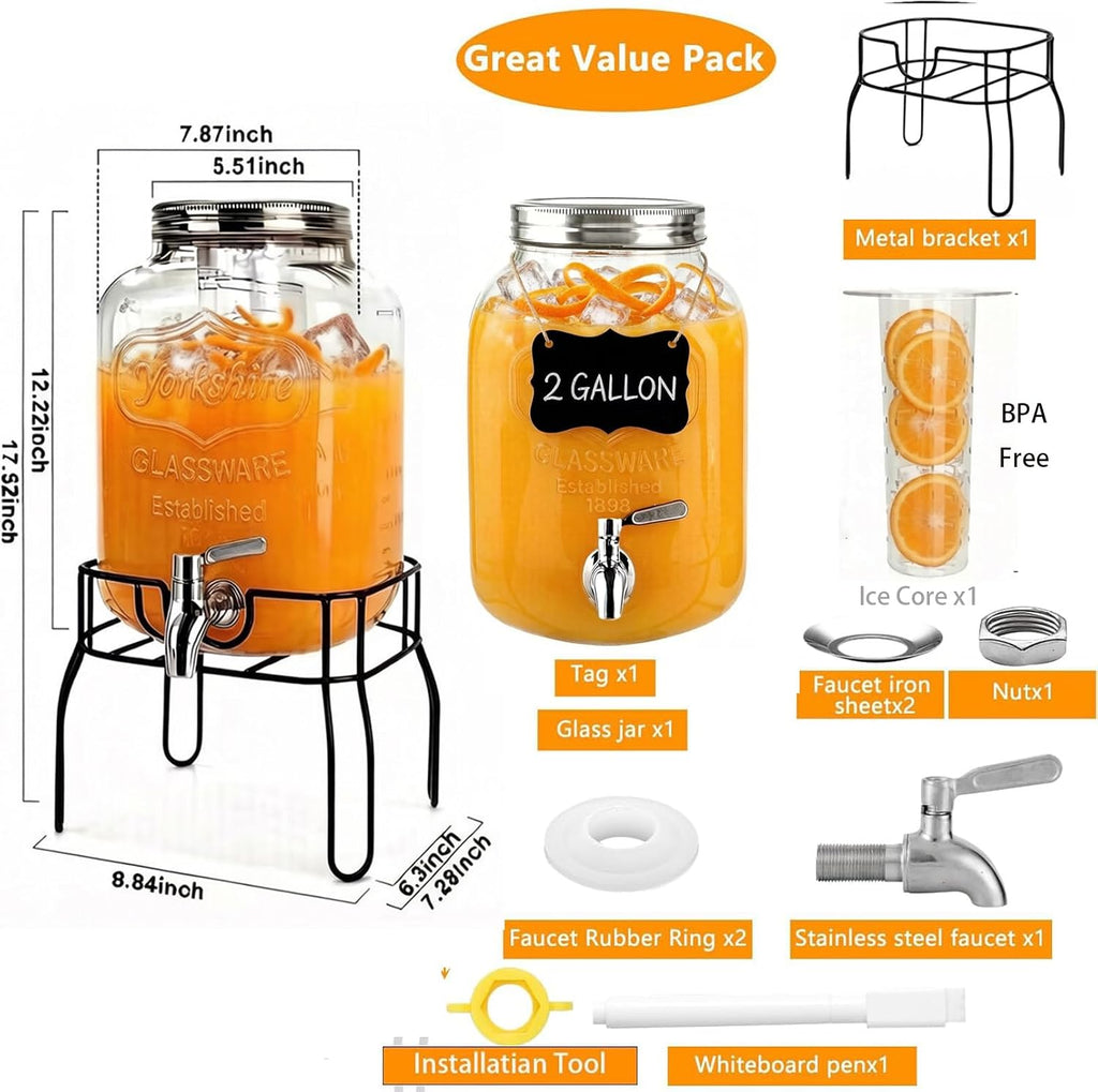 2 Gallon Glass Beverage/Drink Dispenser with Stand, Lid & Ice Core | Leakproof 18/8 Stainless Steel Spigot | Mason