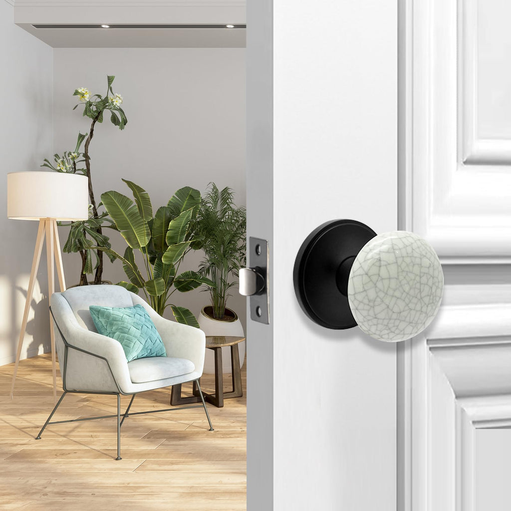 NCL Crack Door Knobs, Porcelain Round Door Handle with Matt Black Plate