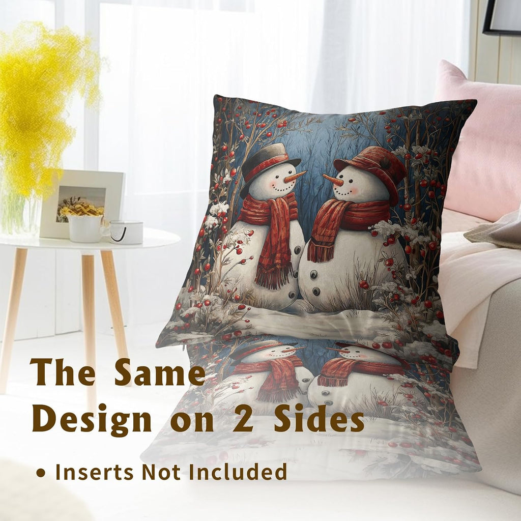 Winter Snowman Pillow Covers, Xmas Tree Red Berry Cotton Pillowcases 18x18 Inch, Snow Scene Double Sided - Set of 2