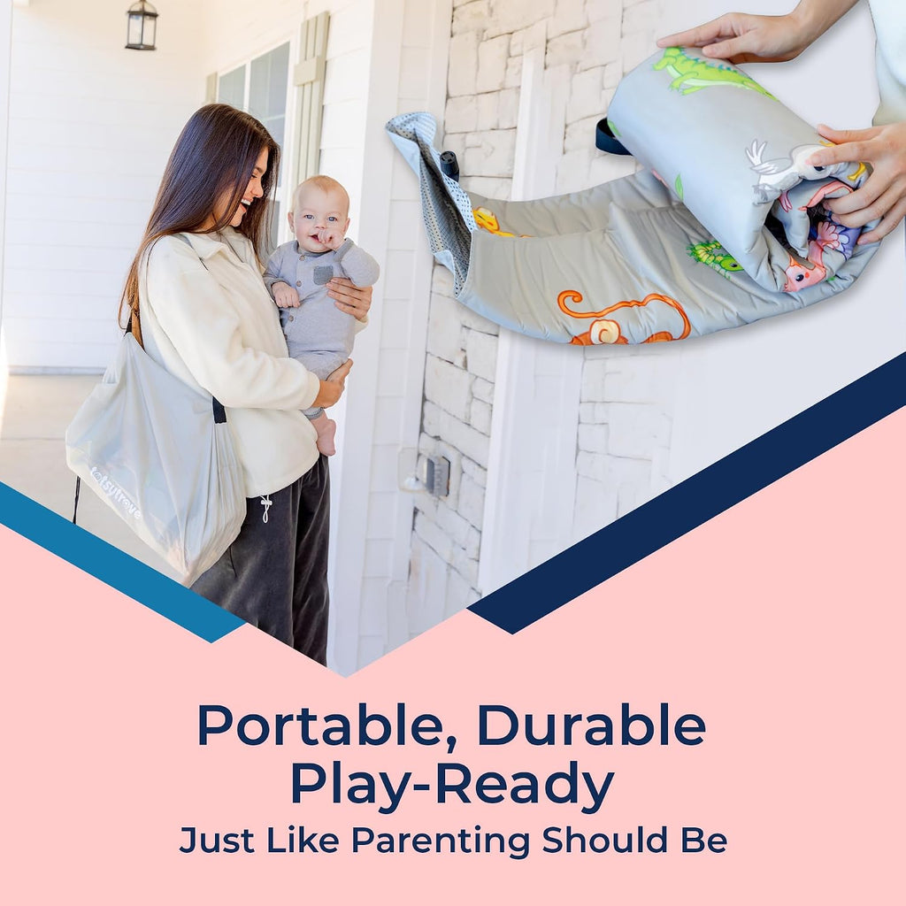 Self Inflating Hexagon Playpen Mat 52" x 45" for Infants and Toddlers - Baby Crawling Mat - Safari