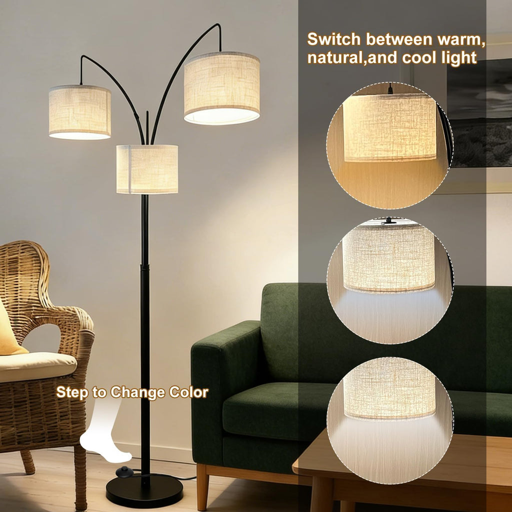 3-Light Dimmable Arc Floor Lamp, LED Tall tree Standing Lamp with Remote