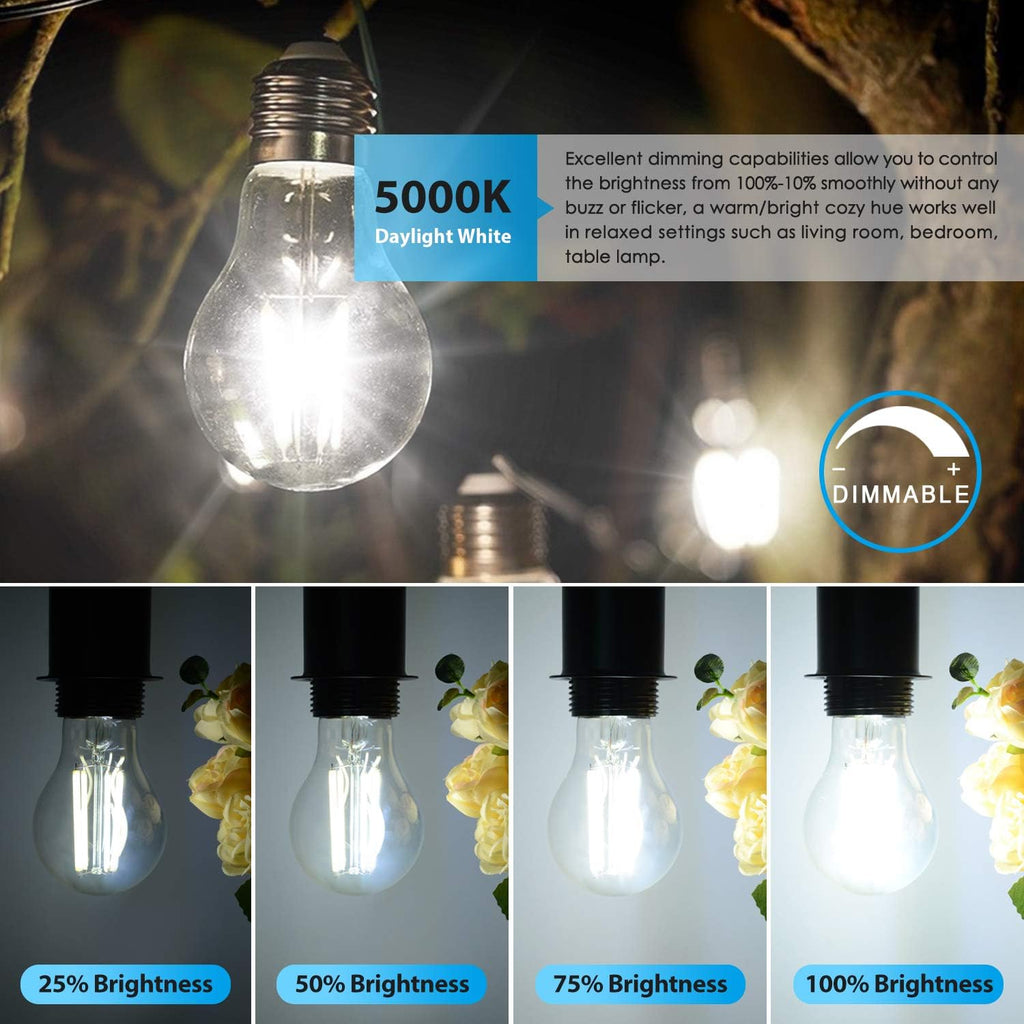 LED A19 Dimmable Light Bulbs 100W Equivalent, Vintage E26 Edison Bulbs 8W 1200LM, 5000K Daylight White, Clear Antique