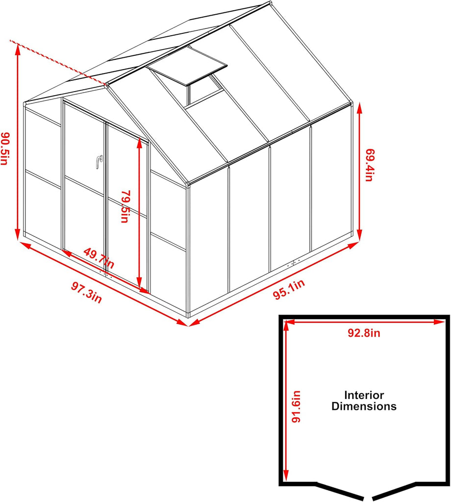 8x8 FT Outdoor Greenhouse Kit, Polycarbonate Aluminum Walk-in Greenhouse with Adjustable Roof Vent and Lockable Door