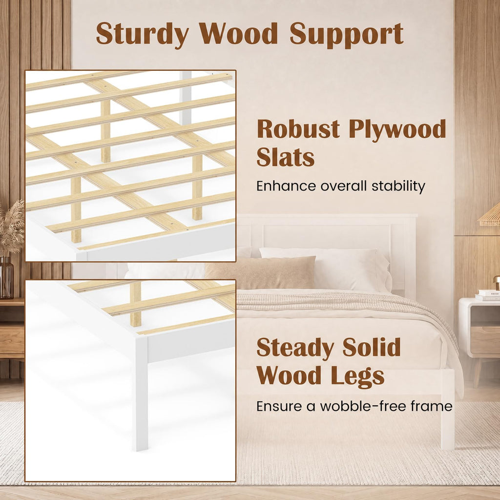 Bed Frame, Farmhouse Wooden Platform Bed with Headboard