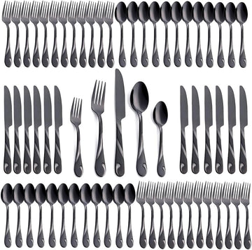 Black Silverware Set for 12, 60-Piece Stainless Steel Flatware Set, Shiny Black Metal Cutlery Set, Include Fork