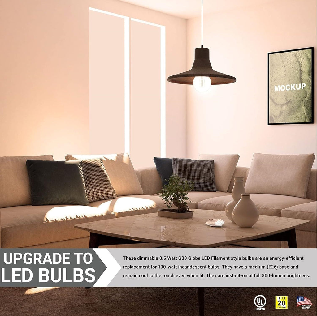 G30 LED Edison Globe Light Bulb 8.5W (100W Equivalent) 880 Lumen E26 Medium Base 2200K Amber Light Dimmable