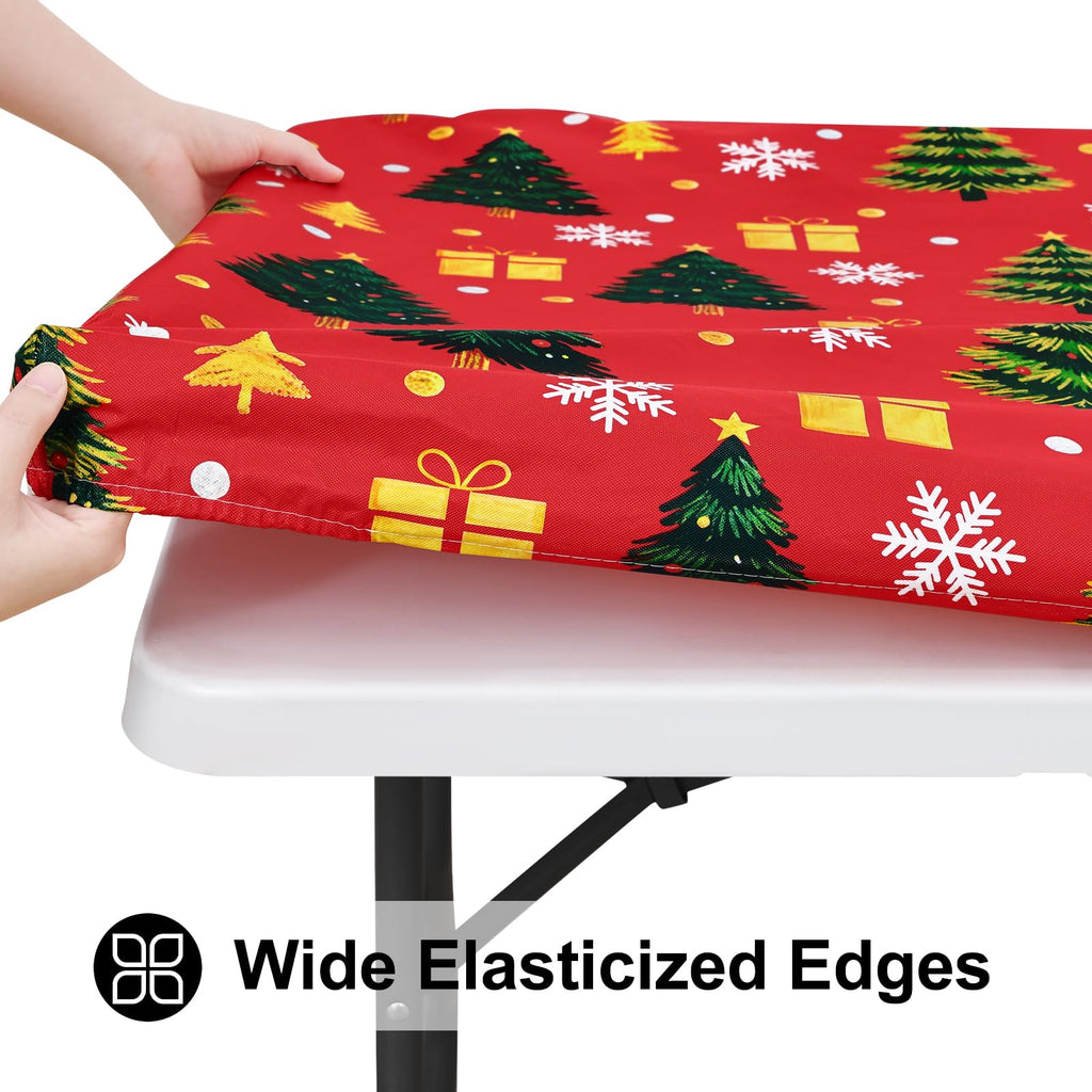 Christmas Fitted Table Cover, 6 FT Flannel Backed Vinyl Tablecloth