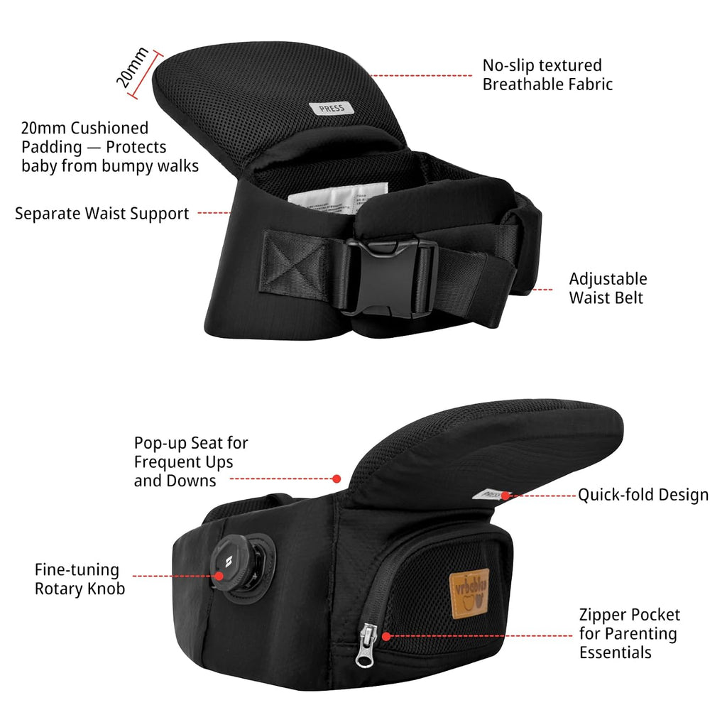 Foldable Baby Hip Seat Carrier for Newborn Infant Toddlers (Black)