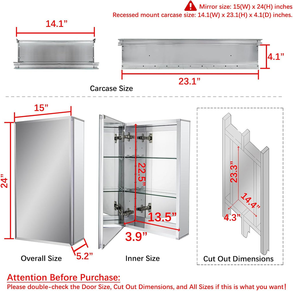 15 x 24 Medicine Cabinet, Two Adjustable Shelves, Recessed or Surface Mount | Bathroom Medicine Cabinet with Mirror