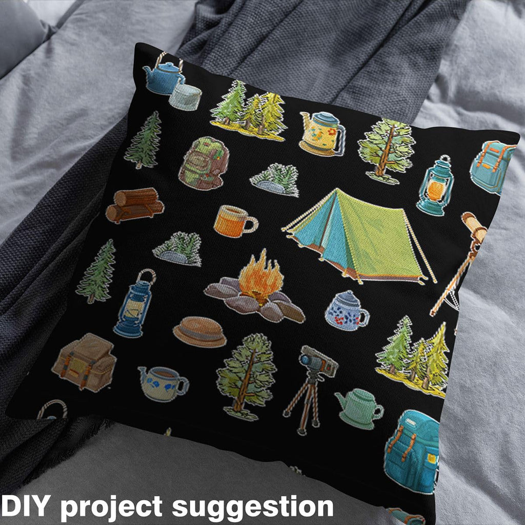 Black Camper Theme Fabric by The Yard Happy Camping Upholstery Fabric for Chairs Adventure Camper Soft Flannel Indoor