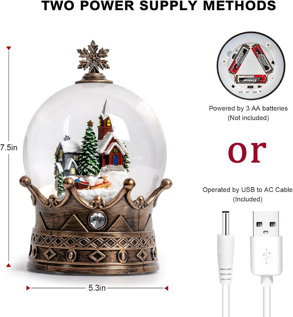 Christmas Snow Globe Lantern Water Glittering Village & Santa Crown with Music, USB Lined/Battery Operated Lighted