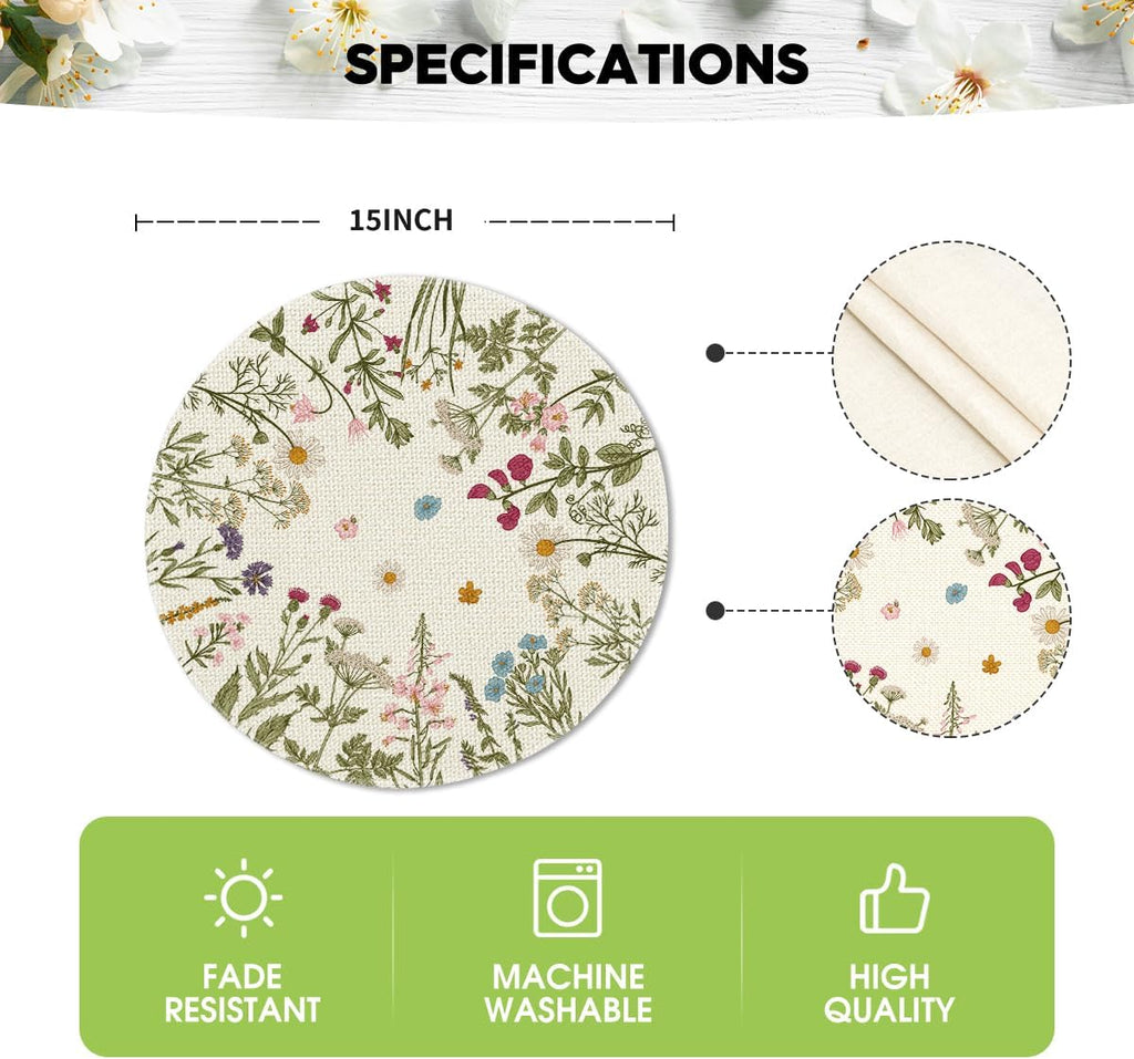 Antique Herbs Wild Flowers Spring Round Placemats, 14 Inch Summer Round Table Mats for Dining Decoration - Set of 6