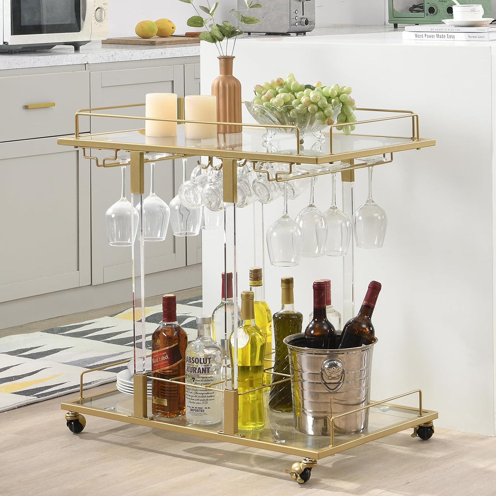 Bar Cart Bar Chrome Serving Cart with Wine Rack 2-Tier Acrylic Rolling Bar Carts on Wheels Clear Dessert Cart Lucite