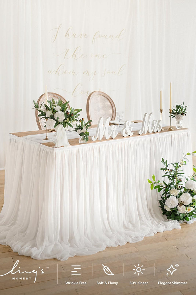 White Table Skirt, 14FT Chiffon Desk Skirt for Wedding