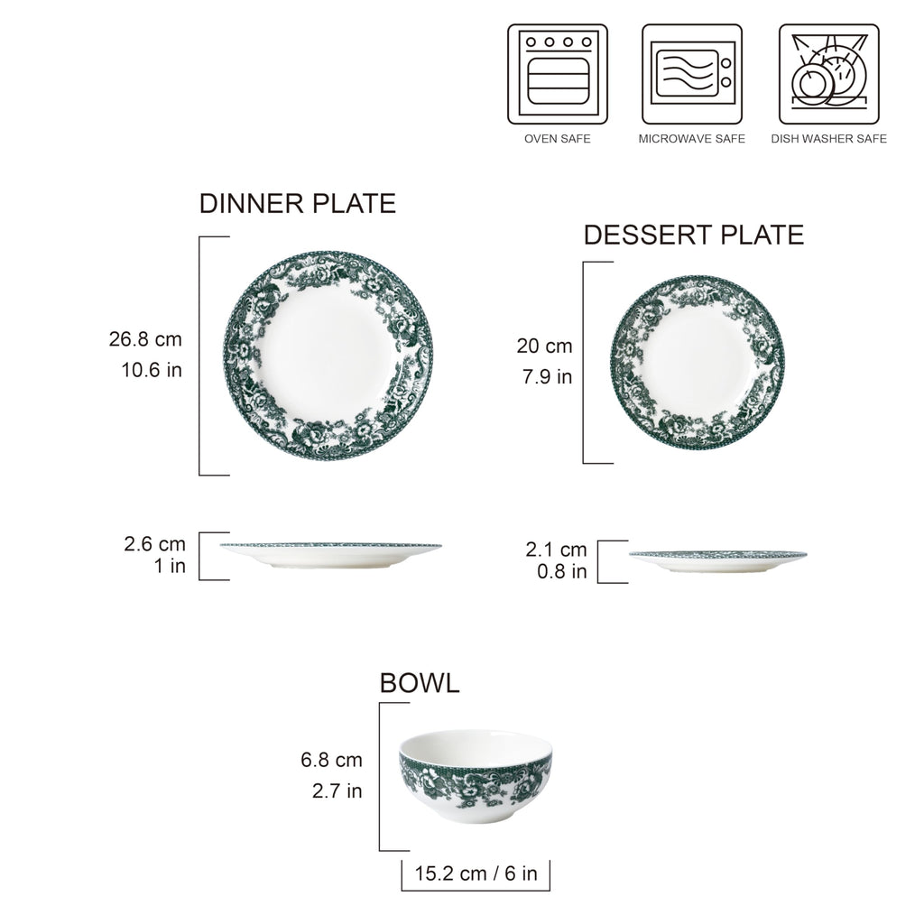 Montana Chip-Resistant Porcelain Dinnerware Set, 12-Piece, Elegant Green Floral Border