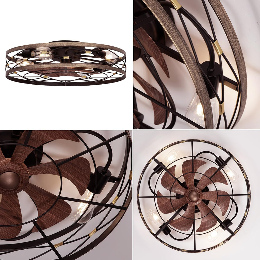 21.7" Farmhouse Flush Mount Caged Ceiling Fans with Lights and Remote, Low Profile Fandelier Ceiling Fan with Light
