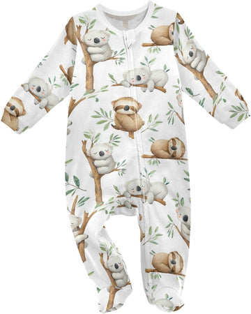 Sloth Koala Baby One-Piece Footies Tropical Leaves Newborn Rompers Pajamas Cotton Footed Pjs for Sleep Play Boys