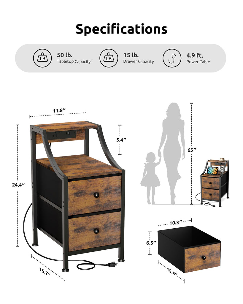 Narrow Nightstand with Charging Station
