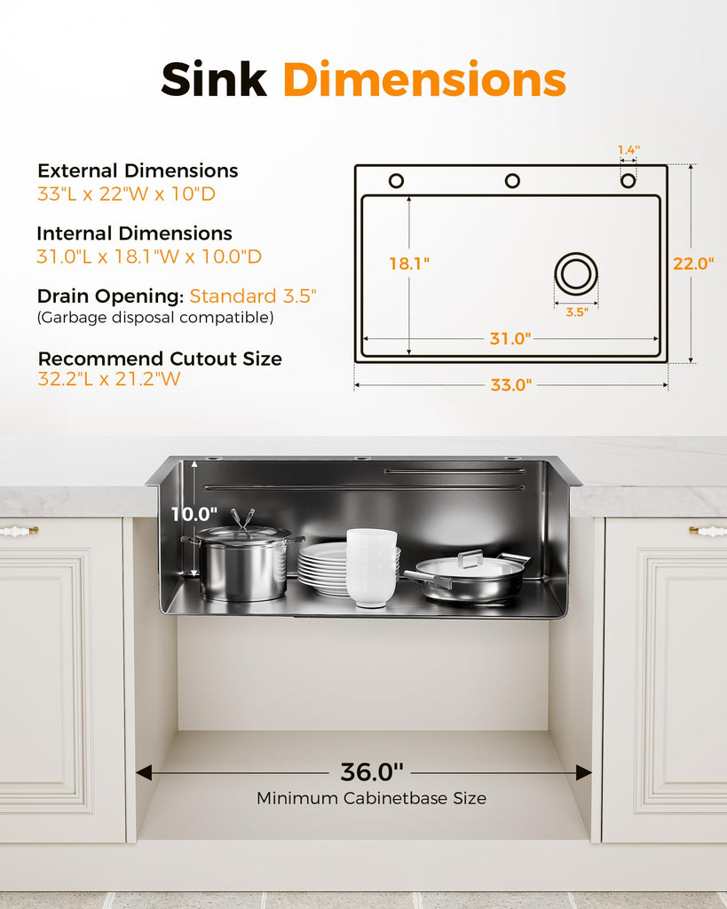 33X22 Drop In, Nano 304 Stainless Steel Black Sink