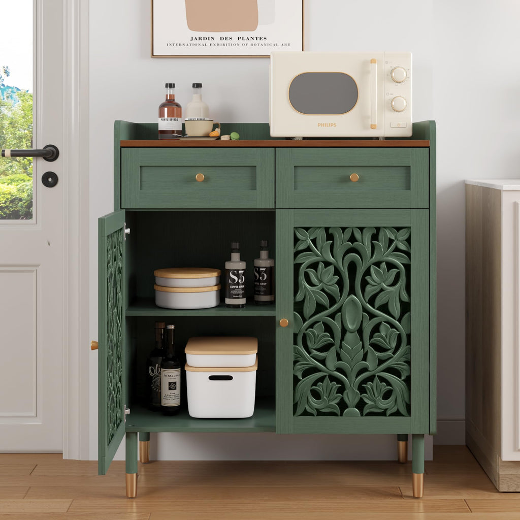 2 Door Retro Carving Sideboard Buffet Cabinet with 1 Drawer, Green