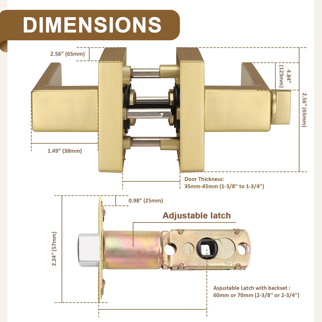 1 Pack Gold Privacy Door Handles,Heavy Duty Satin Brass Door Knobs with Lock ,Square Interior Keyless Locksets