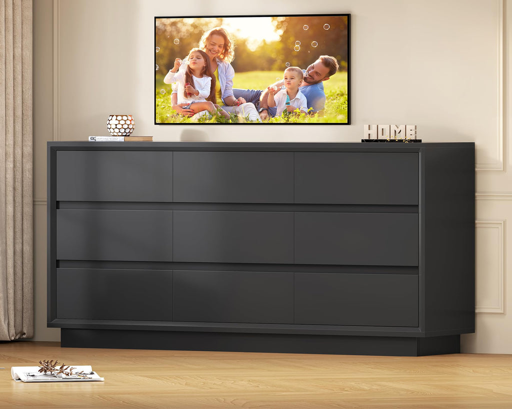 63" Dresser with 9 Drawers, Black Dresser with Metal Slide, Bedroom Dressers, Wood Dressers & Chests of Drawers