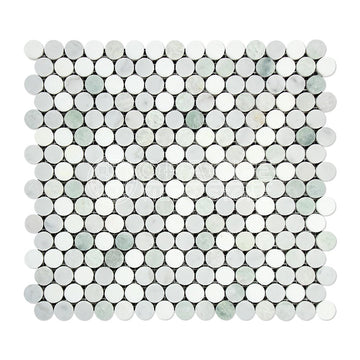Thassos White Greek Marble Penny Round Mosaic Tile with Ming Green, Polished