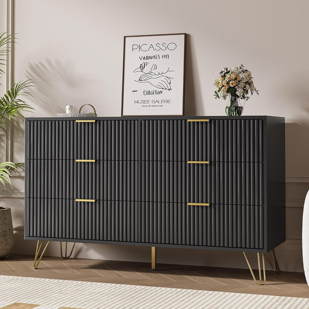 Black 6 Drawer Dresser, Fluted Dresser with Gold metal Handles