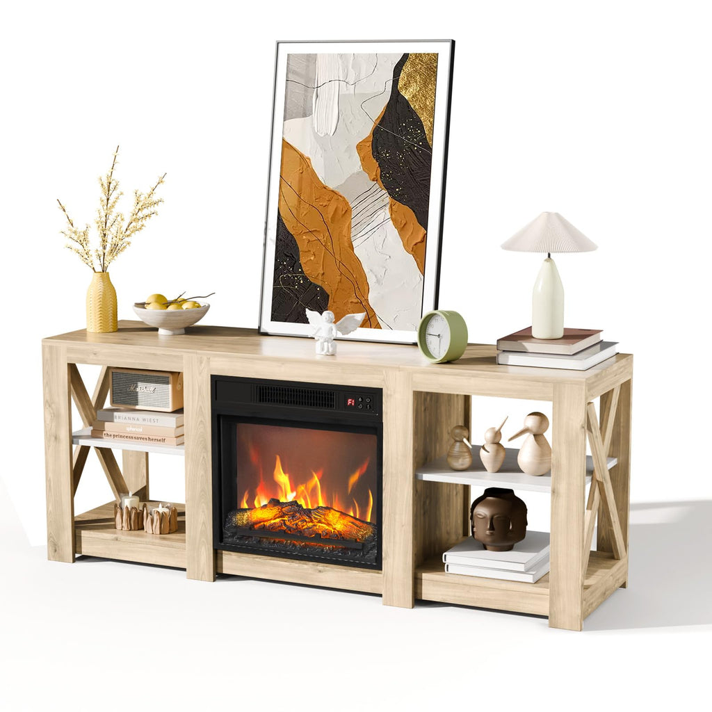 For up to 70 inch TVs, Farmhouse Entertainment Center with Electric Fireplace Heater & Adjustable Shelves, Fireplace