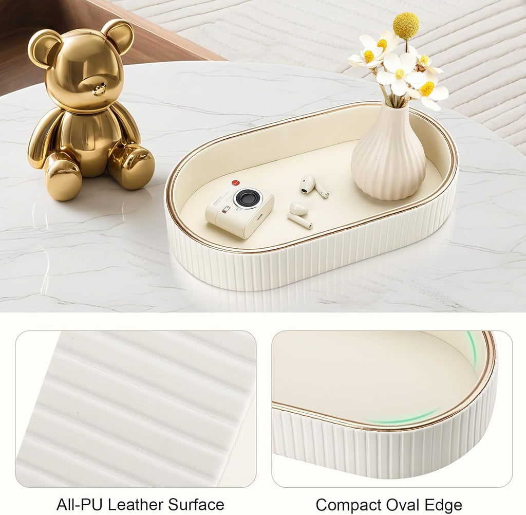 Oval Vanity Tray Perfume Organizer, PU Leather Valet Jewelry Trays Nightstand Organizer Key Bowl Trinket Dish