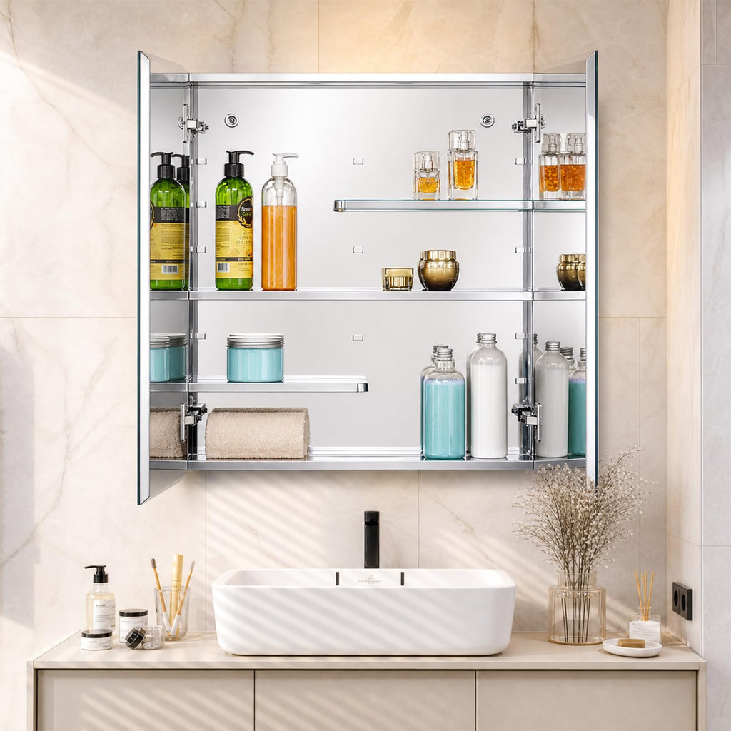 Stainless Steel Medicine Cabinet, Bathroom Mirror Cabinet, Surface Mount and Recess Mount, 23.6 x 25.6 inch, with