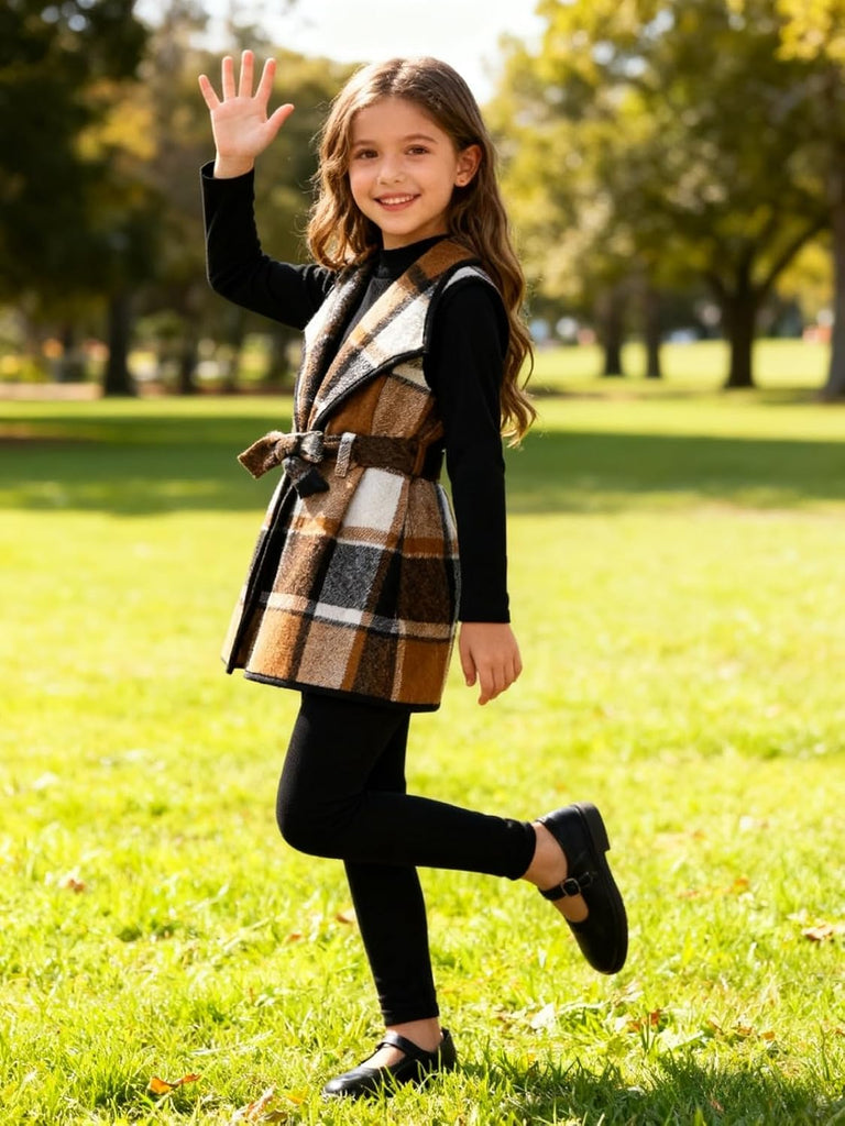 Kid Girls Clothes 3 Piece Outfits Plaid Flannel Belted Vest & Long Sleeve Top and Pants- Fall Clothing Sets