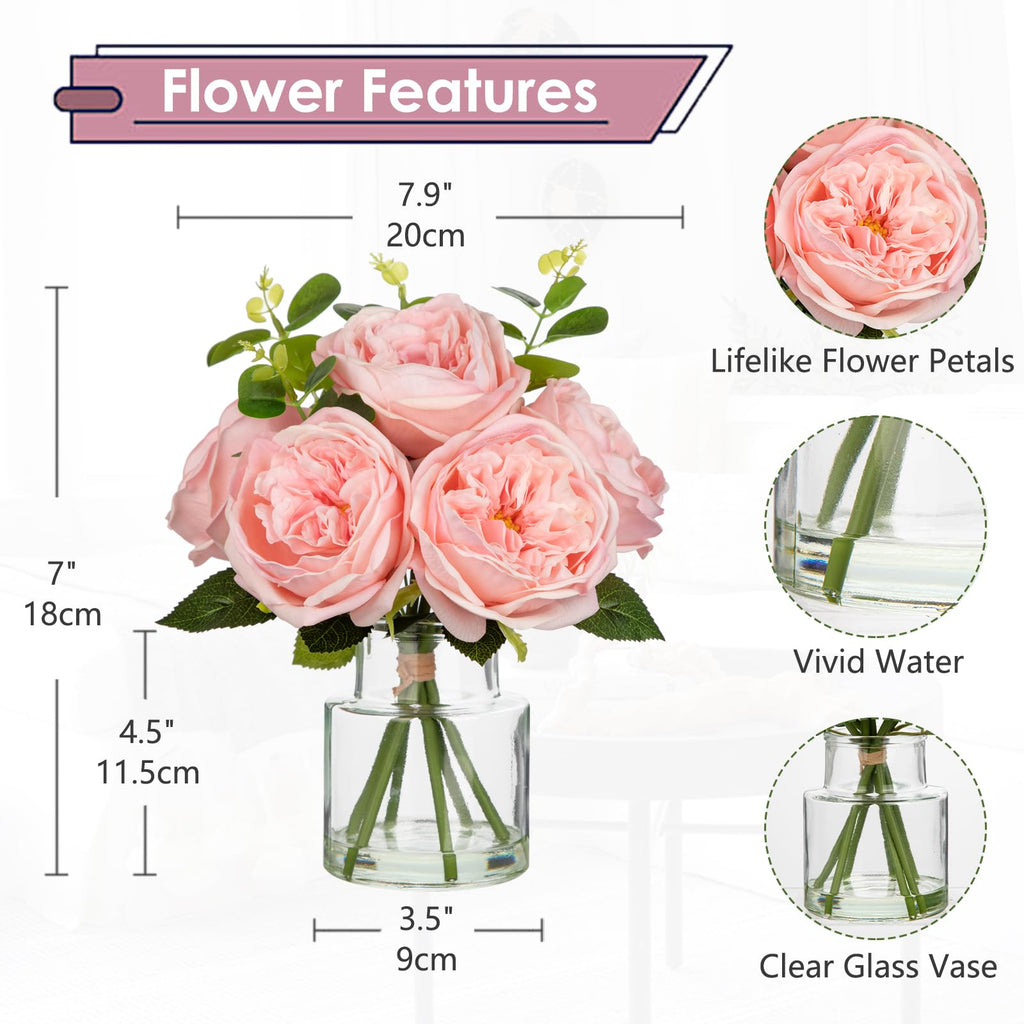 Real Touch Peonies Artificial Flowers Arrangements in Vase Pink Fake Peonies with Glass Vase Silk David Austin Roses