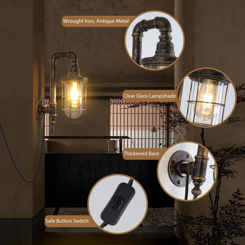 Industrial Plug in Wall Sconce E26 Edison Antique Wall Lights with 5.9Ft Plug in Cord On Off Switch Rustic Wall