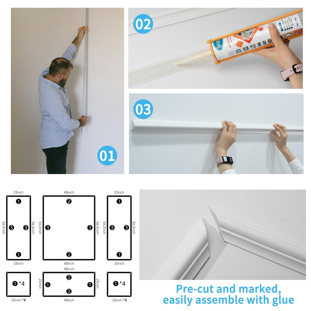 Pre-Cut Wall Molding Set, Ready-to-Assemble Panels, 3 Top 3 Bottom
