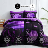 Purple Comforter Set King, Reversible Purple Rose 7 Pieces Bed in a Bag
