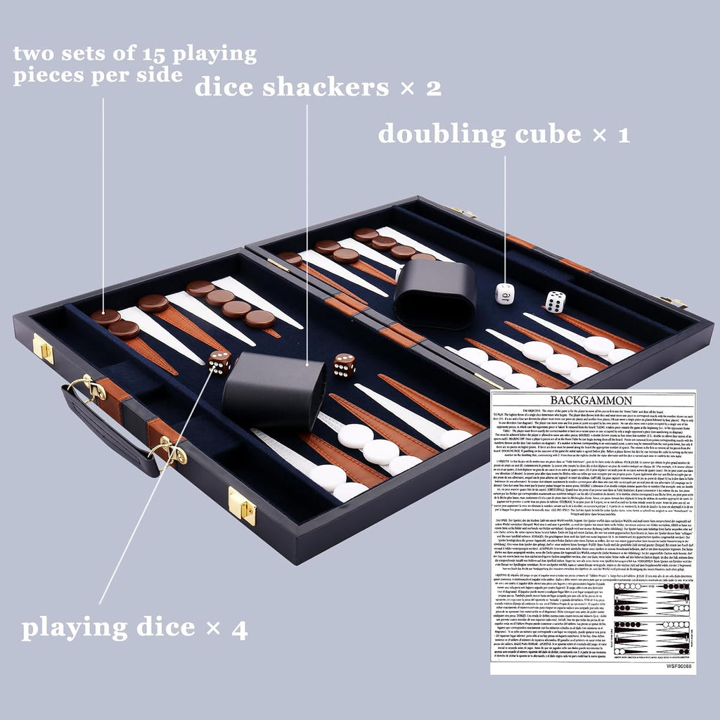 Backgammon Set - Classic Board Game with Premium PU Leather Case - Portable Travel Strategy Backgammon Game Set