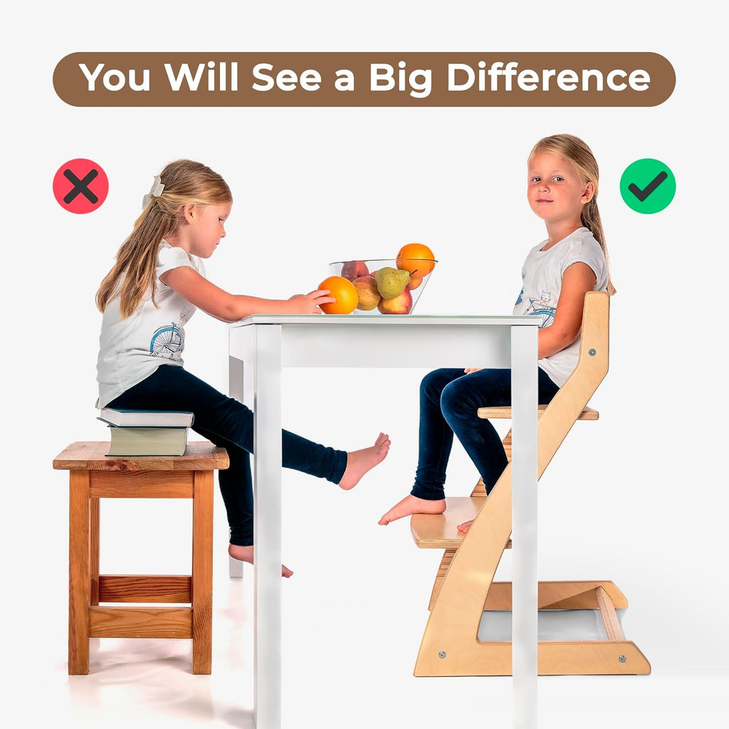 Scandinavian Wooden High Chair for Toddlers & Kids | Adjustable Grow-with-Me Montessori Seat for Dining Table |
