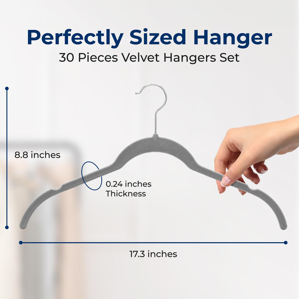 30-Piece Shirt Hangers, Premium Non-Slip Velvet Hangers Pack with 360° Swivel Hooks, Slim Space-Saving Design for