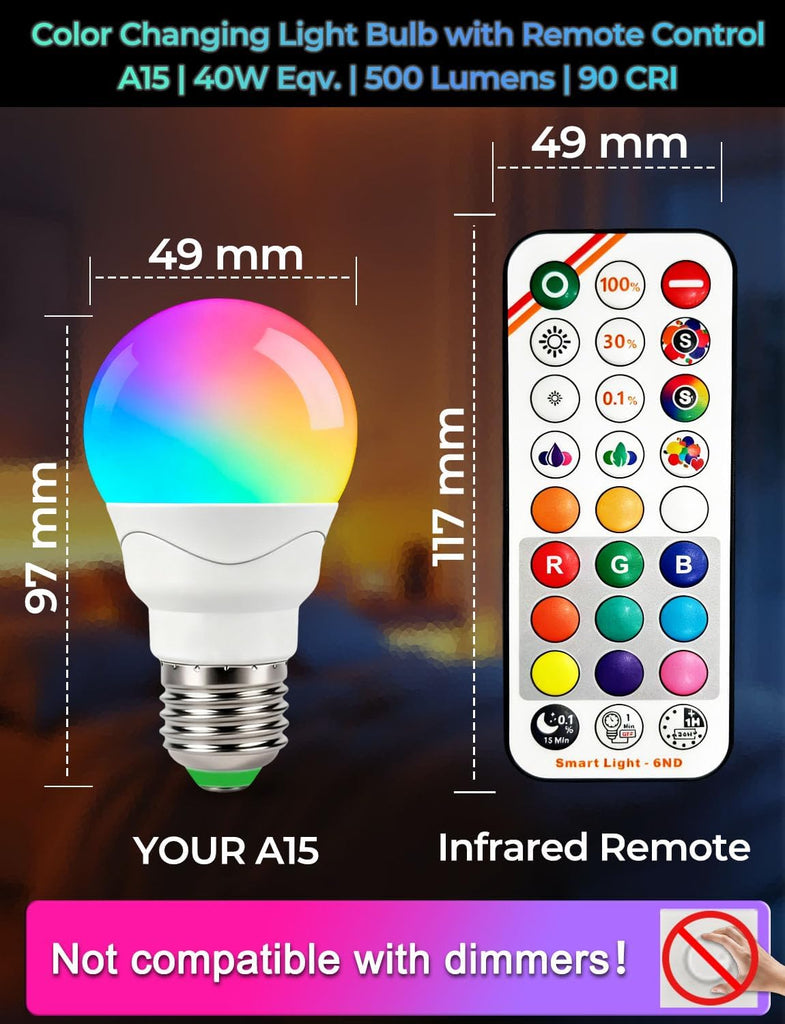 A15 LED Color Changing Light Bulb, E26, 5W (40W Equivalent), 500LM