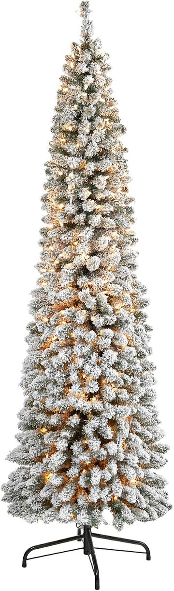 7ft. Flocked Pencil Artificial Christmas Tree with 400 Clear Lights and 574 Bendable Branches