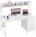 White Computer Desk with Hutch & Drawers - Office Desk with 3 Storage Drawers and Power Outlets