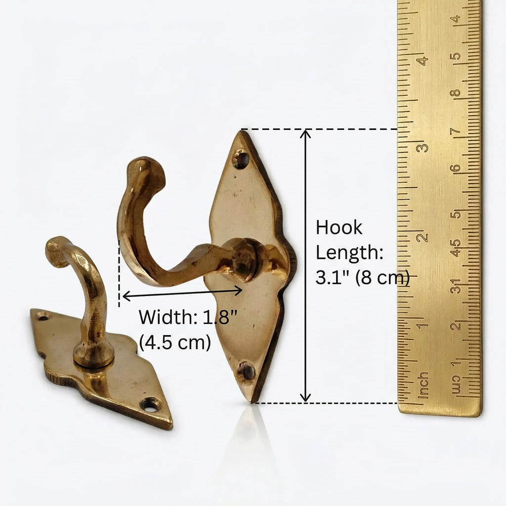 Unlacquered Solid Brass Wall Hooks - Heavy Duty Handmade Coat Hooks for Wall Mount | Decorative Brass Towel Hooks