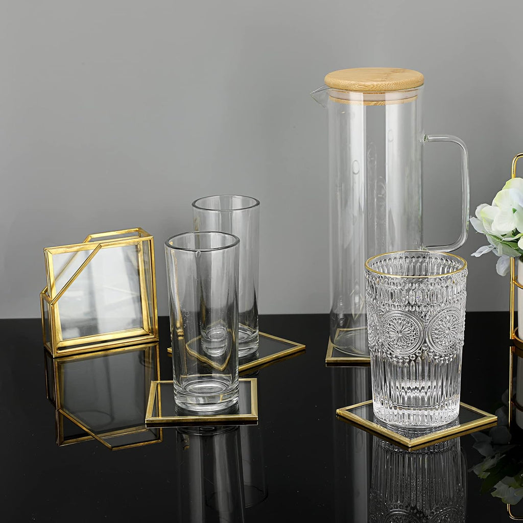 Gold Brass Clear Glass Round Coaster with Holder for Drinks - Set of 7